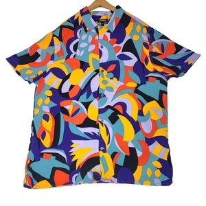 Express Mens Large Abstract Geometric Short Sleeve Button Up Shirt Multi Color